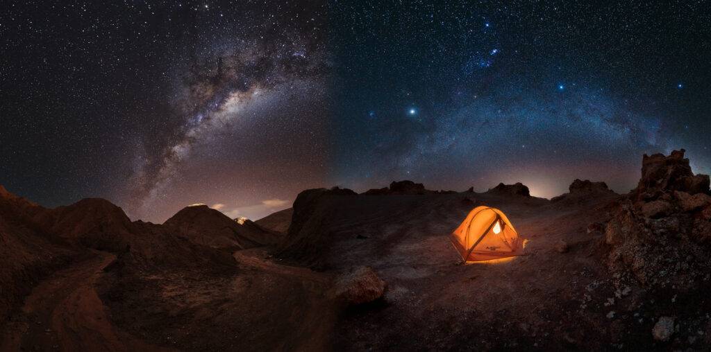 Los dos brazos de la Vía Láctea visibles desde Atacama — Brazo de Sagitario a la izquierda y Brazo de Orión a la derecha — sobre el desierto de San Pedro de Atacama