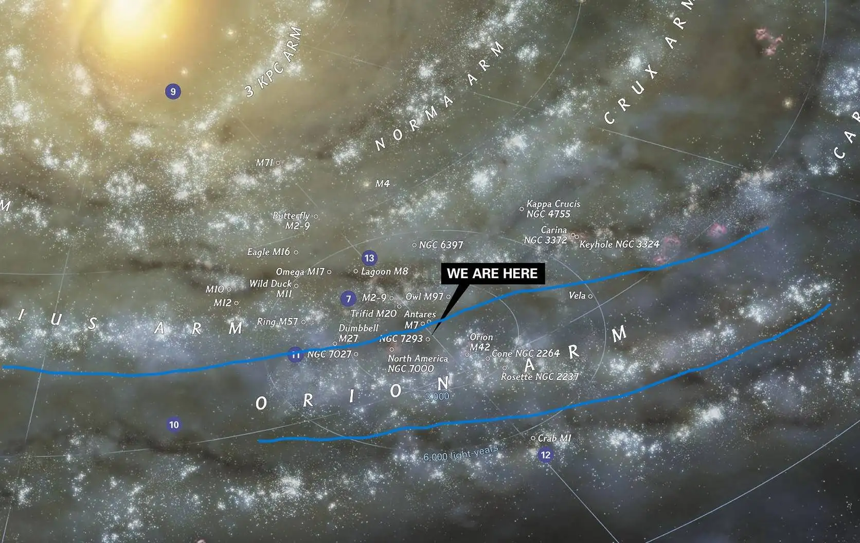 Detalle del mapa de National Geographic mostrando la posición del sistema solar en el Brazo de Orión, entre el Brazo de Sagitario y el exterior de la galaxia
